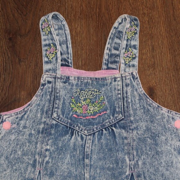 Girls Vintage Popsicle Acid Wash Pleated Front Overalls Denim Jeans Floral sz 4 - Picture 3 of 12